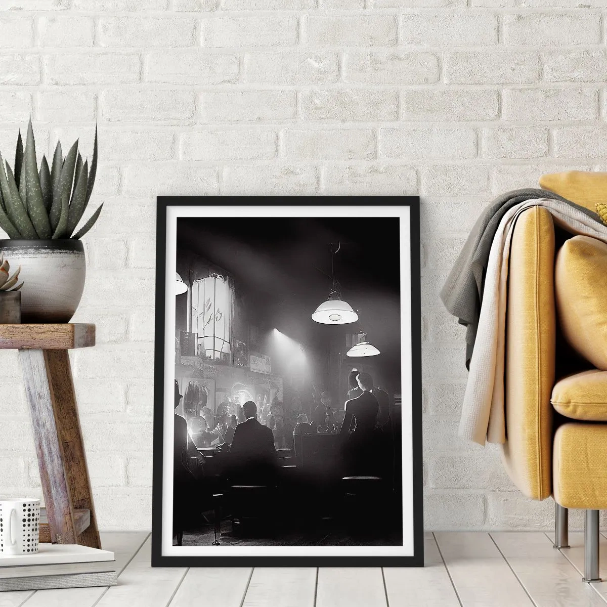 Plakat w czarnej ramie - W jazzowym klimacie - Czarno-biała scena z klimatycznego jazzowego klubu nocnego - 50x70cm