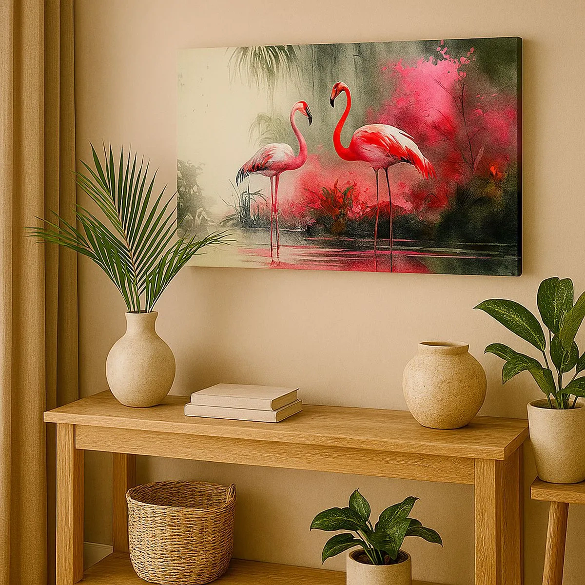 Obraz na płótnie - Flamingi nad wodą w otoczeniu roślinności - 70x50cm - Lekcja naturalnego wdzięku - Nowoczesna dekoracja ścienna do salonu i sypialni ARTTOR