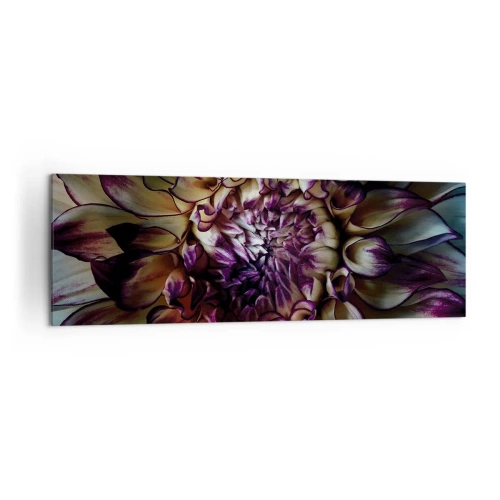 Obraz na płótnie - Zbliżenie na kwiat dalii w ciemnych tonach - 160x50cm - Rozkwit młodości - Nowoczesna dekoracja ścienna do salonu i sypialni ARTTOR