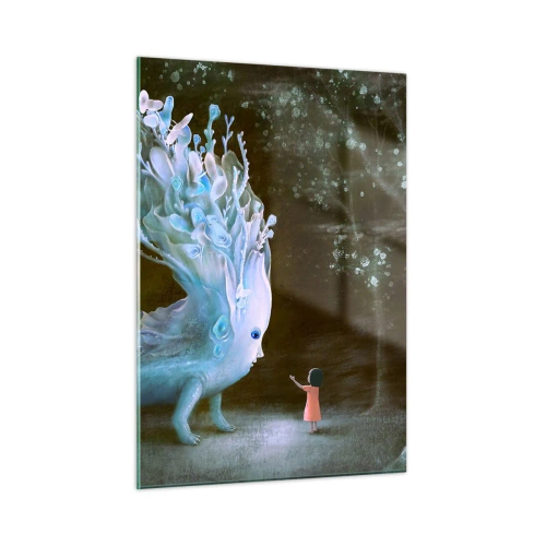 Obraz na szkle - Dziewczynka spotykająca magiczne stworzenie w lesie - 50x70cm - Fantastyczne spotkanie - Nowoczesna dekoracja ścienna do salonu, kuchni i sypialni ARTTOR