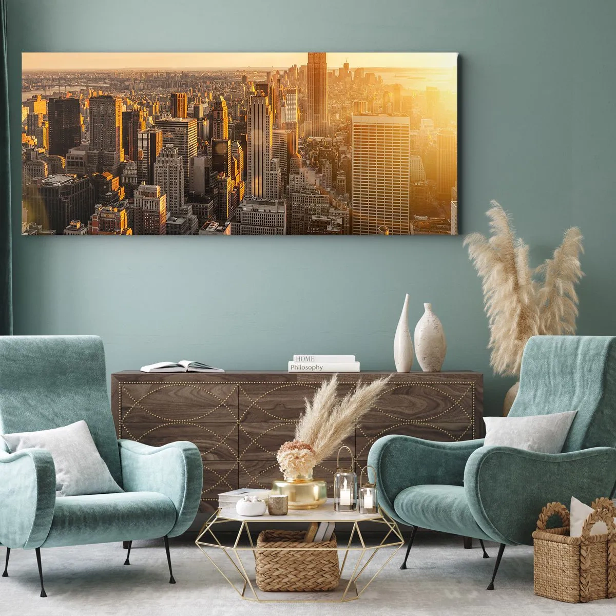 Obraz na płótnie - Panorama Nowego Jorku o zachodzie słońca z widokiem na Empire State Building - 120x50cm - Rosnąc w słońcu - Nowoczesna dekoracja ścienna do salonu i sypialni ARTTOR
