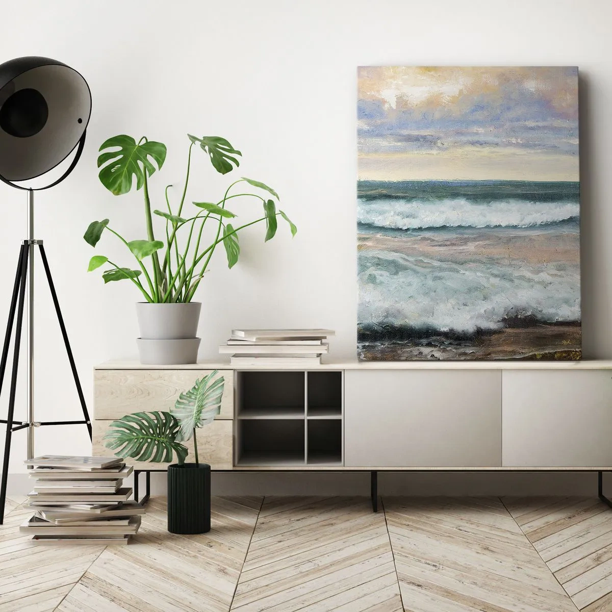 Obraz na płótnie - Morskie fale na tle zachmurzonego nieba o zachodzie słońca - 70x100cm - Tutaj wygładzisz duszę - Nowoczesna dekoracja ścienna do salonu i sypialni ARTTOR