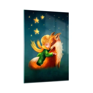 Obraz na szkle - Chłopiec z lisem w magicznej scenerii z gwiazdami - 80x120cm - Mały Książę - Nowoczesna dekoracja ścienna do salonu i sypialni ARTTOR