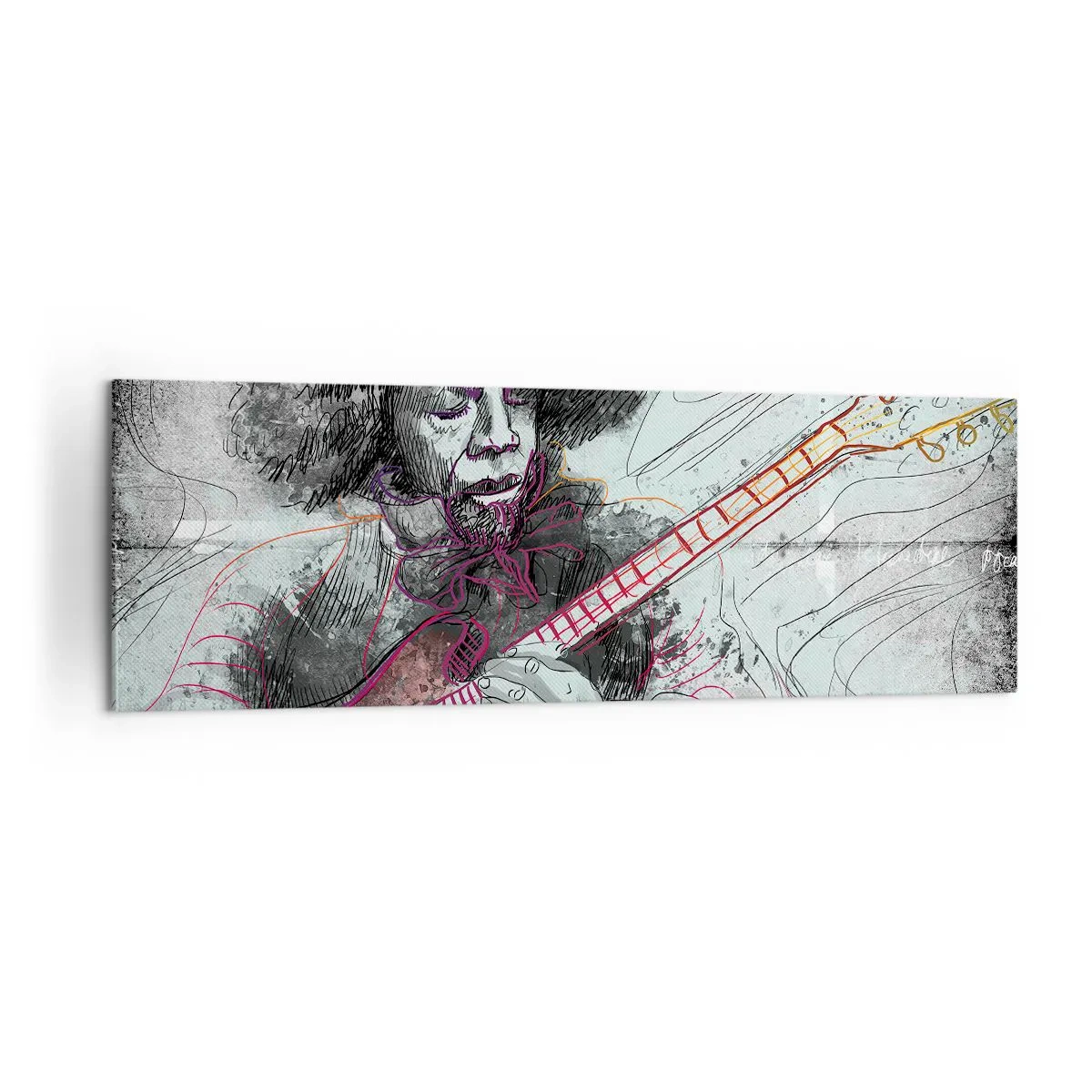 Obraz na płótnie - Artystyczny portret gitarzysty w technice szkicu - 160x50cm - Na falach muzyki - Nowoczesna dekoracja ścienna do salonu i sypialni ARTTOR