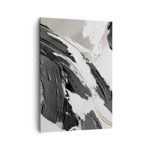 Obraz na płótnie - Abstrakcyjna kompozycja dynamicznych pociągnięć pędzla w czerni, bieli i złocie - 50x70cm - Abstrakcja z rozmachem - Nowoczesna dekoracja ścienna do salonu, kuchni i sypialni ARTTOR