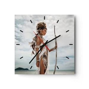 Zegar ścienny - Stylizowana kobieta na plaży z etnicznymi ozdobami i kijem - 30x30cm - Królowa tropików - Nowoczesna dekoracja ścienna do salonu i sypialni ARTTOR
