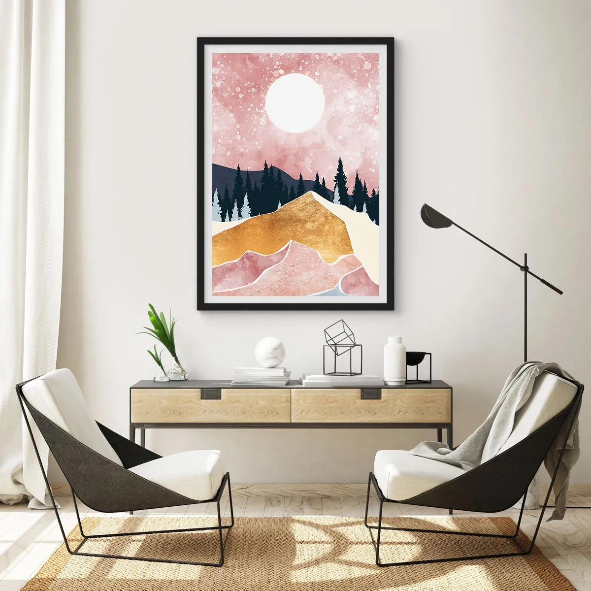Plakat w czarnej ramie - Abstrakcyjny pejzaż z lasem, górami i złotym akcentem - 50x70cm - Nocna straż - Nowoczesna dekoracja ścienna do salonu i sypialni ARTTOR