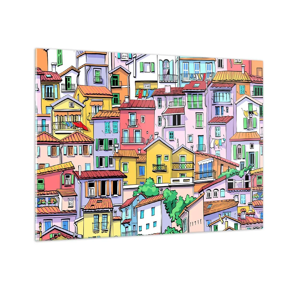 Obraz na szkle - Kolorowe kamienice w rysunkowym stylu pełne detali - 70x50cm - Wesołe miasto - Nowoczesna dekoracja ścienna do salonu i sypialni ARTTOR