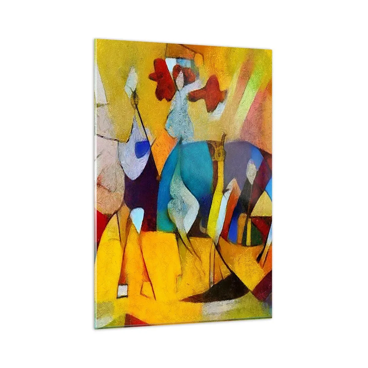 Obraz na szkle - Kolorowa abstrakcja przedstawiająca postacie w geometrycznej formie - 80x120cm - Słońce - życie - radość - Nowoczesna dekoracja ścienna do salonu i sypialni ARTTOR