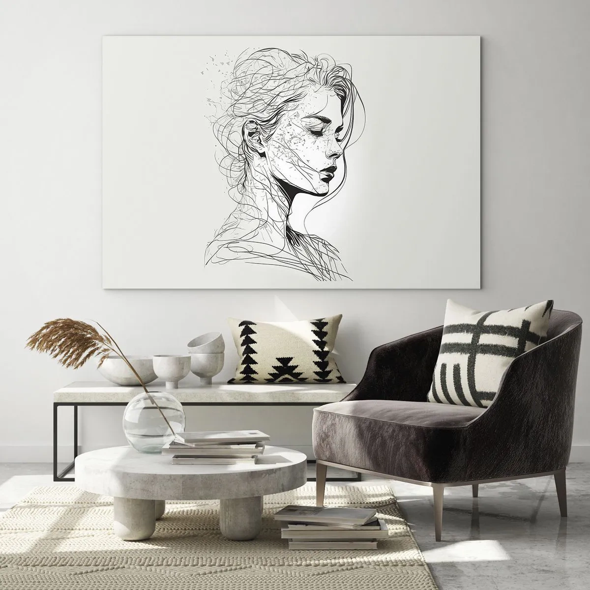 Obraz na szkle - Czarno-biały szkic kobiety z zamkniętymi oczami w delikatnej kresce - 70x50cm - Portret w zamyśleniu - Nowoczesna dekoracja ścienna do salonu i sypialni ARTTOR