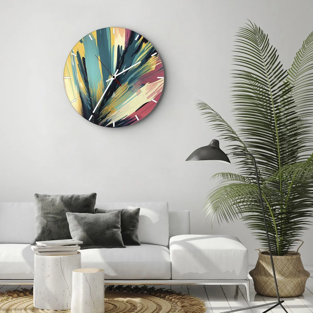 Zegar ścienny - Eksplozja barw w stylu ekspresyjnych pociągnięć pędzla - 30x30cm - Kompozycja – eksplozja radości - Nowoczesna dekoracja ścienna do salonu, kuchni i sypialni ARTTOR