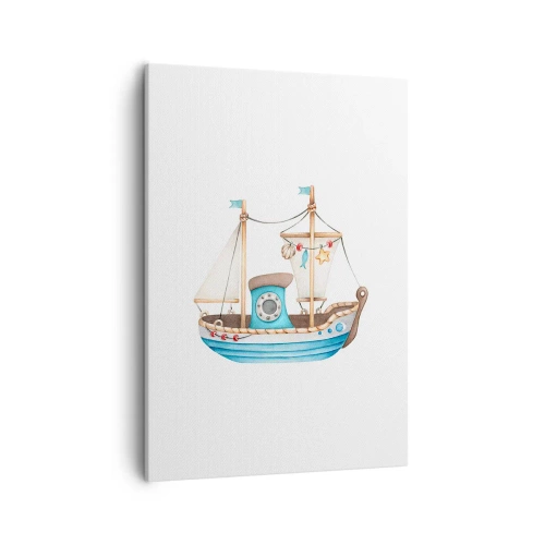 Obraz na płótnie - Urocza ilustracja drewnianego statku z żaglami w stylu marynistycznym - 50x70cm - Ahoj, przygodo! - Nowoczesna dekoracja ścienna do salonu, kuchni i sypialni ARTTOR