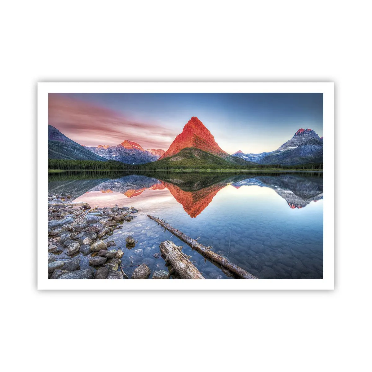 Plakat - Góra odbijająca się w jeziorze o zachodzie słońca - 100x70cm - Żar i chłód - Nowoczesna dekoracja ścienna do salonu i sypialni ARTTOR