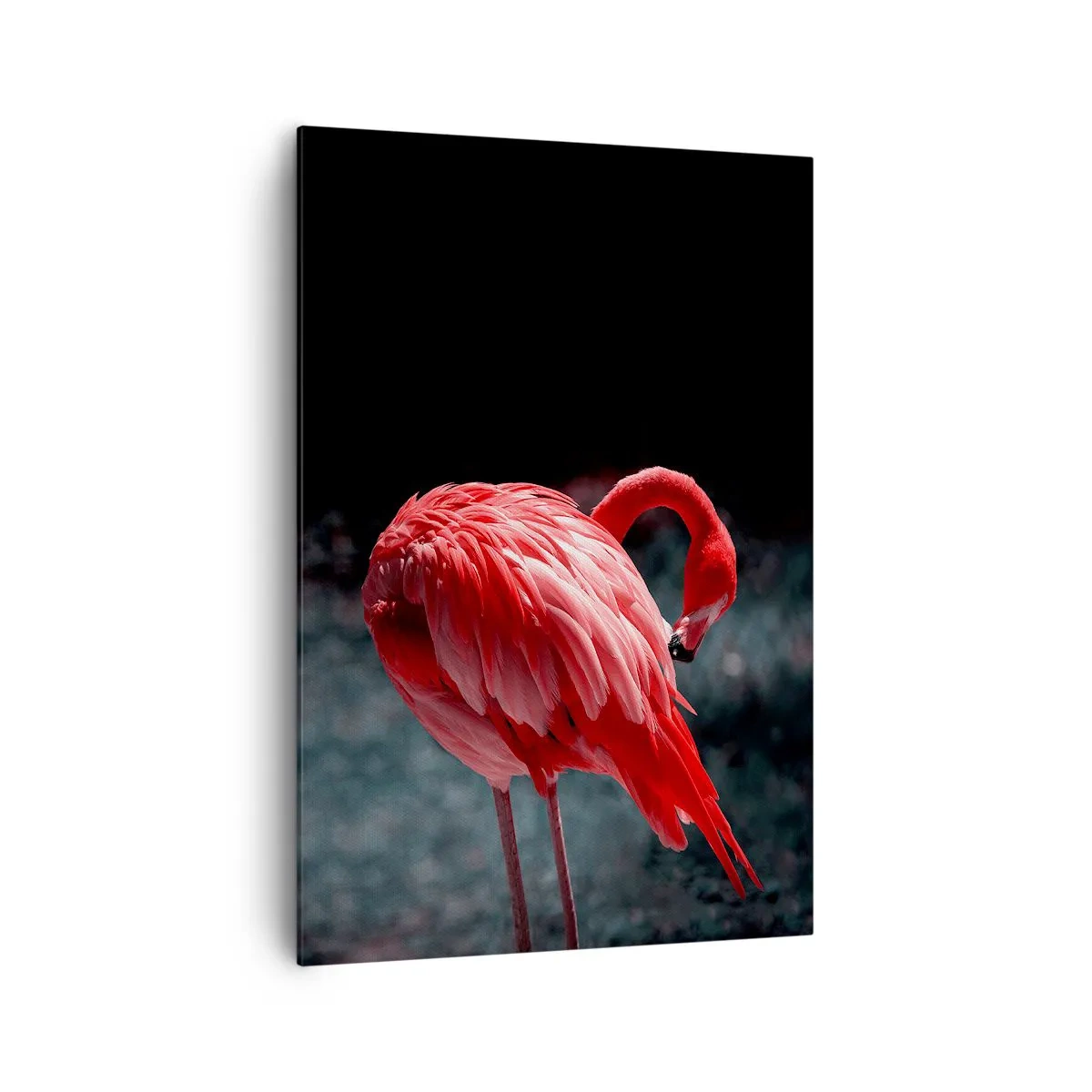 Obraz na płótnie - Różowy flaming na tle ciemnej zieleni - 70x100cm - Karmazynowy poemat natury - Nowoczesna dekoracja ścienna do salonu i sypialni ARTTOR