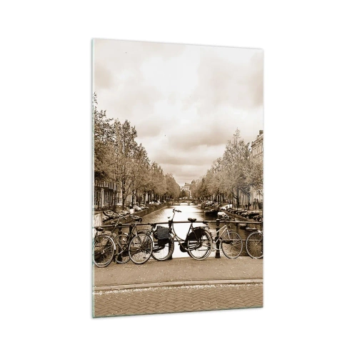 Obraz na szkle - Rowerowy mostek nad kanałem w sepia - 70x100cm - Holenderskie klimaty - Nowoczesna dekoracja ścienna do salonu i sypialni ARTTOR