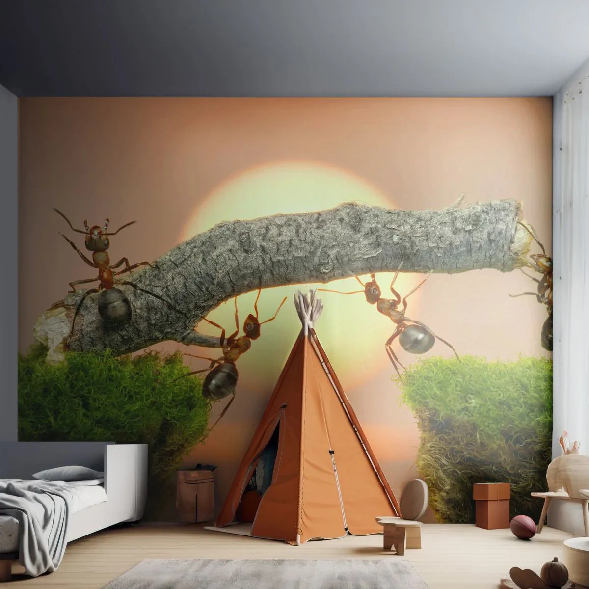 Fototapeta Premium Sand - Mrówki budujące most z gałęzi na tle zachodu słońca - 100x70cm - Radosna, wspólna praca - Nowoczesna dekoracja ścienna do salonu, kuchni i sypialni ARTTOR