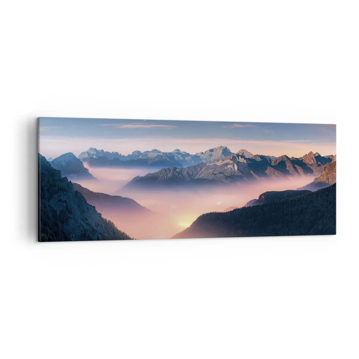 Obraz na płótnie - Górski krajobraz z doliną wypełnioną mgłą - 140x50cm - Światło w dolinach - Nowoczesna dekoracja ścienna do salonu i sypialni ARTTOR
