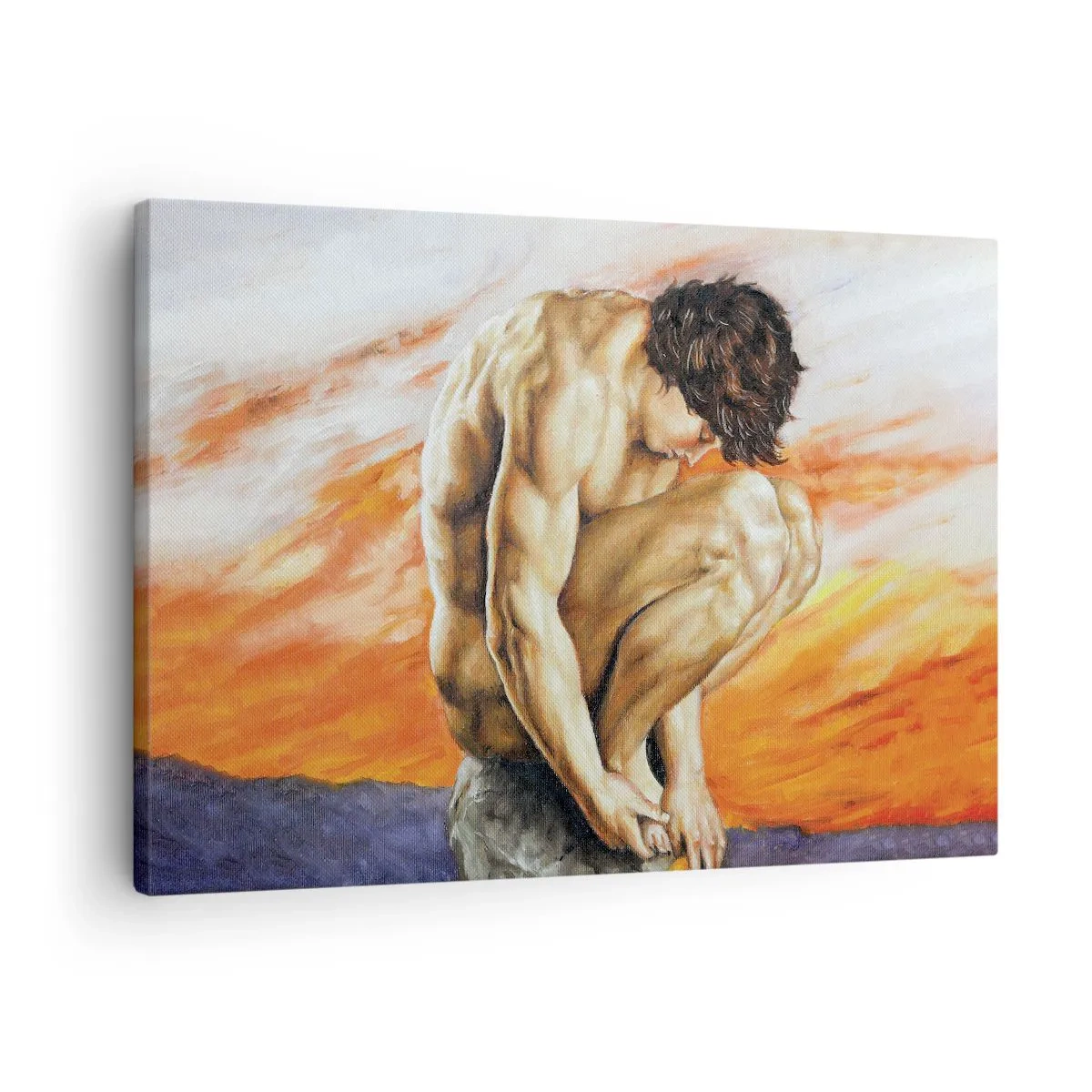 Obraz na płótnie - Mężczyzna w zamyśleniu na tle zachodu słońca - 70x50cm - Zatopiony w sobie - Nowoczesna dekoracja ścienna do salonu i sypialni ARTTOR