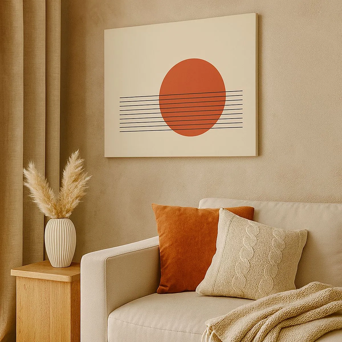 Obraz na płótnie - Abstrakcyjny okrąg w czerwieni z liniami na beżowym tle - 70x50cm - W koło i dalej - Nowoczesna dekoracja ścienna do salonu i sypialni ARTTOR