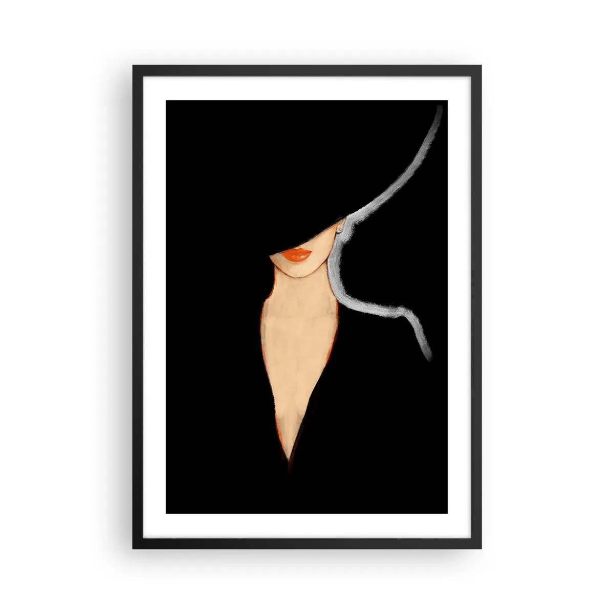 Plakat w czarnej ramie - Kobieta w kapeluszu z czerwonymi ustami na czarnym tle - 50x70cm - Elegancja i styl - Nowoczesna dekoracja ścienna do salonu i sypialni ARTTOR