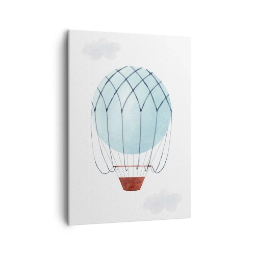 Obraz na płótnie - Minimalistyczna ilustracja balonu na gorące powietrze w odcieniach błękitu - 50x70cm - Cały w chmurach - Nowoczesna dekoracja ścienna do salonu, kuchni i sypialni ARTTOR