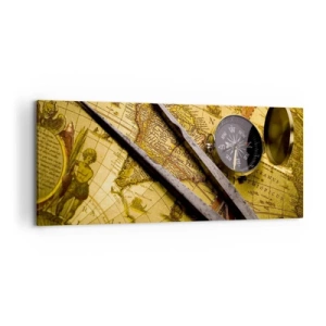 Obraz na płótnie - Zabytkowa mapa świata z kompasem i cyrklem na tle - 120x50cm - Gdze te skarby? - Nowoczesna dekoracja ścienna do salonu i sypialni ARTTOR