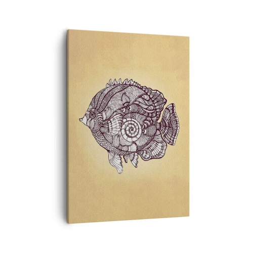 Obraz na płótnie - Czarno-biały rysunek ozdobnej ryby na beżowym tle - 50x70cm - Z oceanu ornamentów - Nowoczesna dekoracja ścienna do salonu, kuchni i sypialni ARTTOR