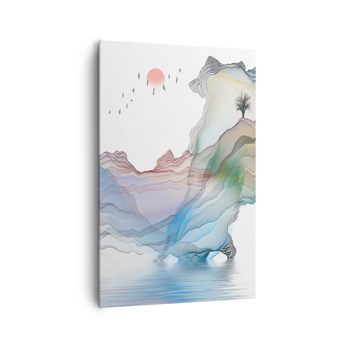 Obraz na płótnie - Subtelny krajobraz z górami, wodą i łódką - 80x120cm - Ku kryształowym górom - Nowoczesna dekoracja ścienna do salonu i sypialni ARTTOR