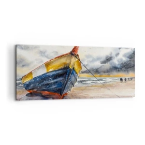 Obraz na płótnie - Malownicza łódź na plaży przy zachmurzonym niebie - 120x50cm - Odpoczynek na brzegu - Nowoczesna dekoracja ścienna do salonu i sypialni ARTTOR