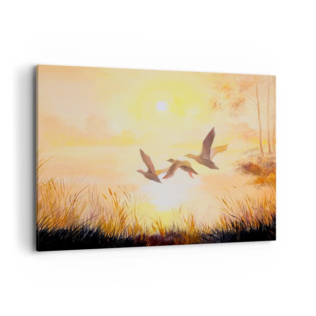 Obraz na płótnie - Lecące kaczki o wschodzie słońca nad jeziorem - 100x70cm - Początek dalekiej podróży - Nowoczesna dekoracja ścienna do salonu, kuchni i sypialni ARTTOR