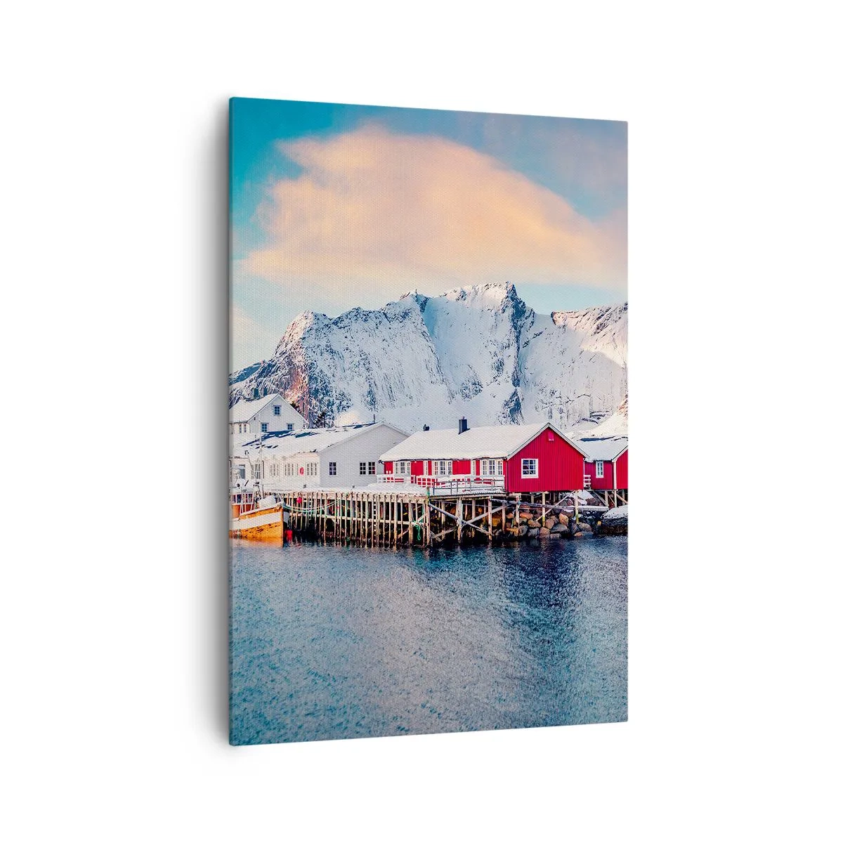 Obraz na płótnie - Czerwone domki na tle śnieżnych gór i błękitnego morza - 70x100cm - Północne ustronie - Nowoczesna dekoracja ścienna do salonu i sypialni ARTTOR