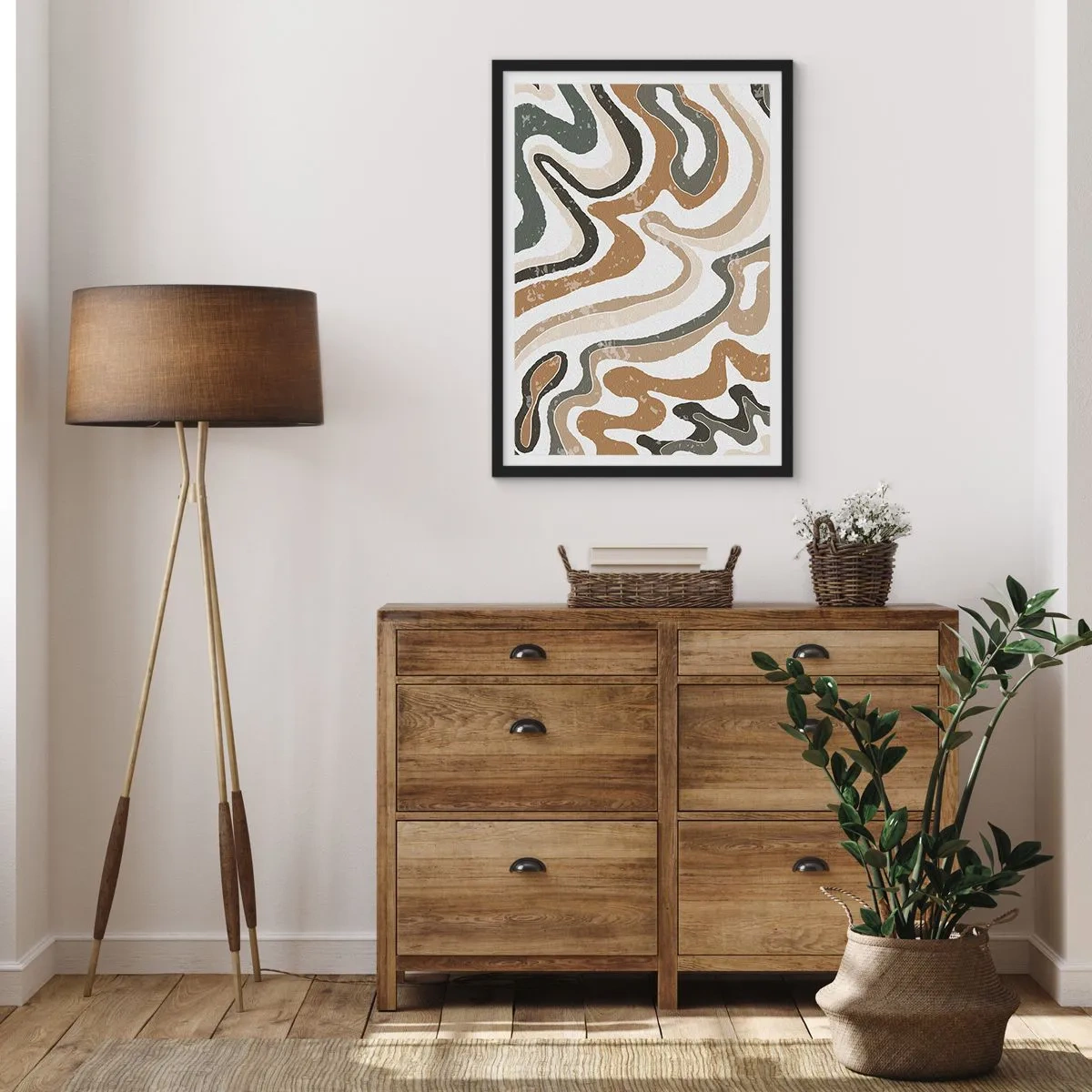 Plakat w czarnej ramie - Abstrakcyjne organiczne wzory w odcieniach ziemi - 50x70cm - Meandry barw ziemi - Nowoczesna dekoracja ścienna do salonu i sypialni ARTTOR