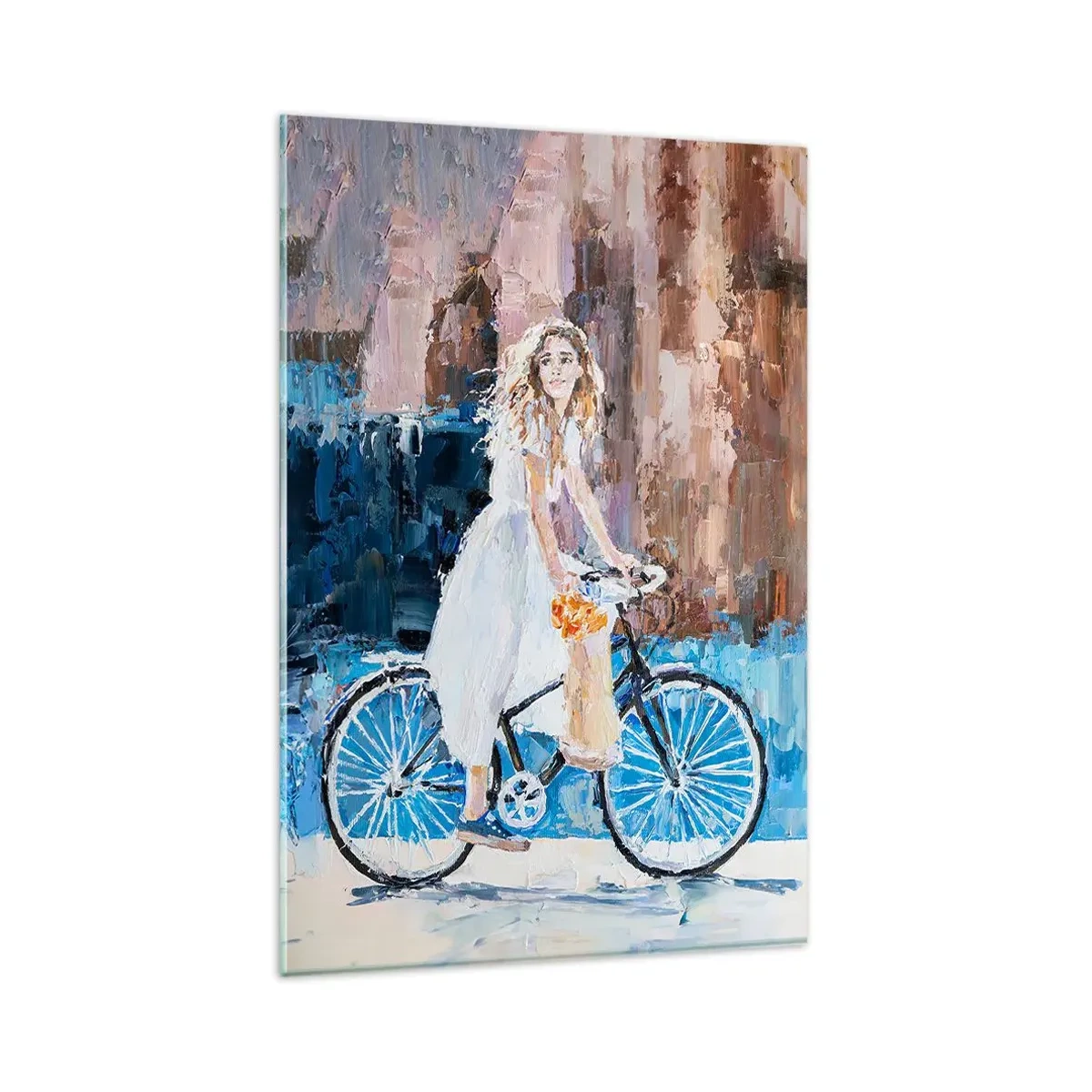 Obraz na szkle - Kobieta w białej sukni na rowerze w impresjonistycznym stylu - 80x120cm - Radość o poranku - Nowoczesna dekoracja ścienna do salonu i sypialni ARTTOR