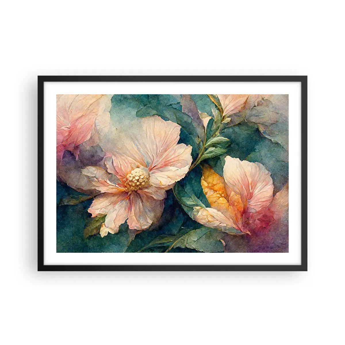 Plakat w czarnej ramie - Delikatne kwiaty w pastelowych barwach - 70x50cm - Sama subtelność - Nowoczesna dekoracja ścienna do salonu i sypialni ARTTOR