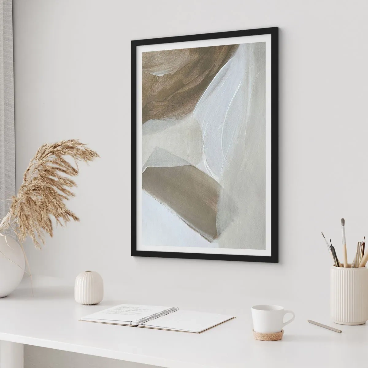Plakat w czarnej ramie - Minimalistyczna abstrakcja w beżowych odcieniach - 50x70cm - Fala bieli - Nowoczesna dekoracja ścienna do salonu i sypialni ARTTOR