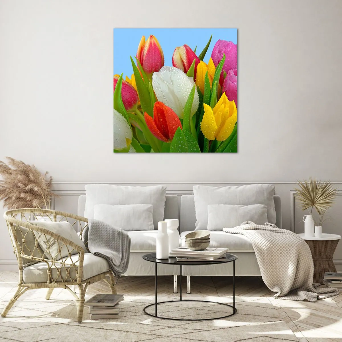 Obraz na szkle - Kwiatowa tęcza w kroplach rosy - 60x60 cm
