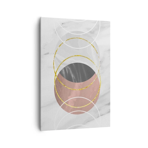 Obraz na płótnie - Abstrakcyjna kompozycja geometryczna z kołami i metalicznymi detalami - 70x100cm - Muzyka sfer - Nowoczesna dekoracja ścienna do salonu i sypialni ARTTOR