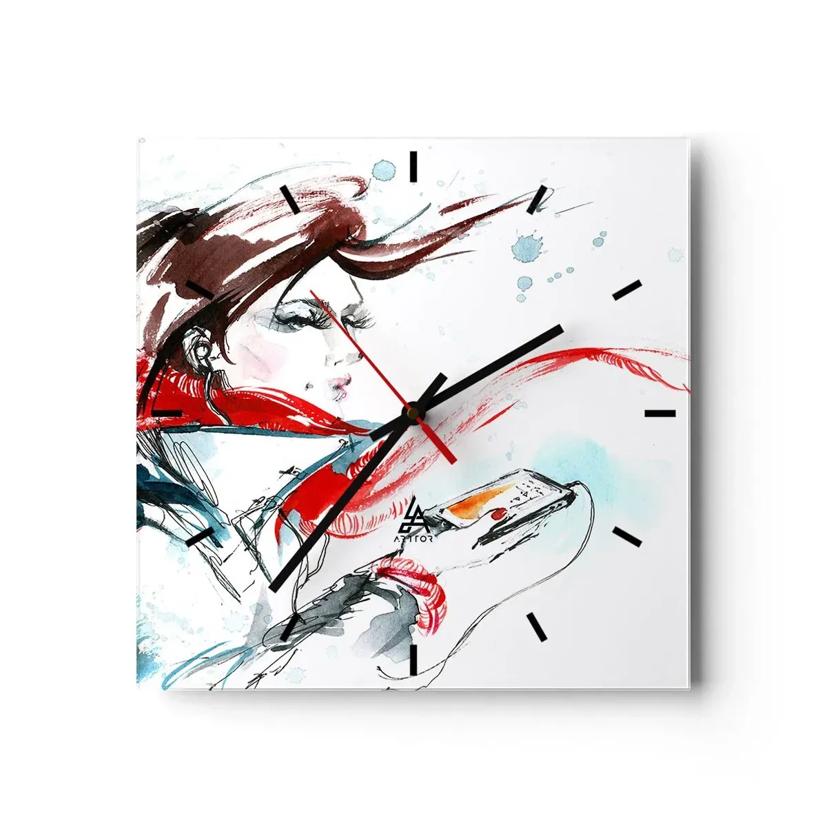 Zegar ścienny - Kobieta w czerwonym szaliku z dynamicznymi pociągnięciami akwareli - 30x30cm - Coś we mnie gra - Nowoczesna dekoracja ścienna do salonu i sypialni ARTTOR