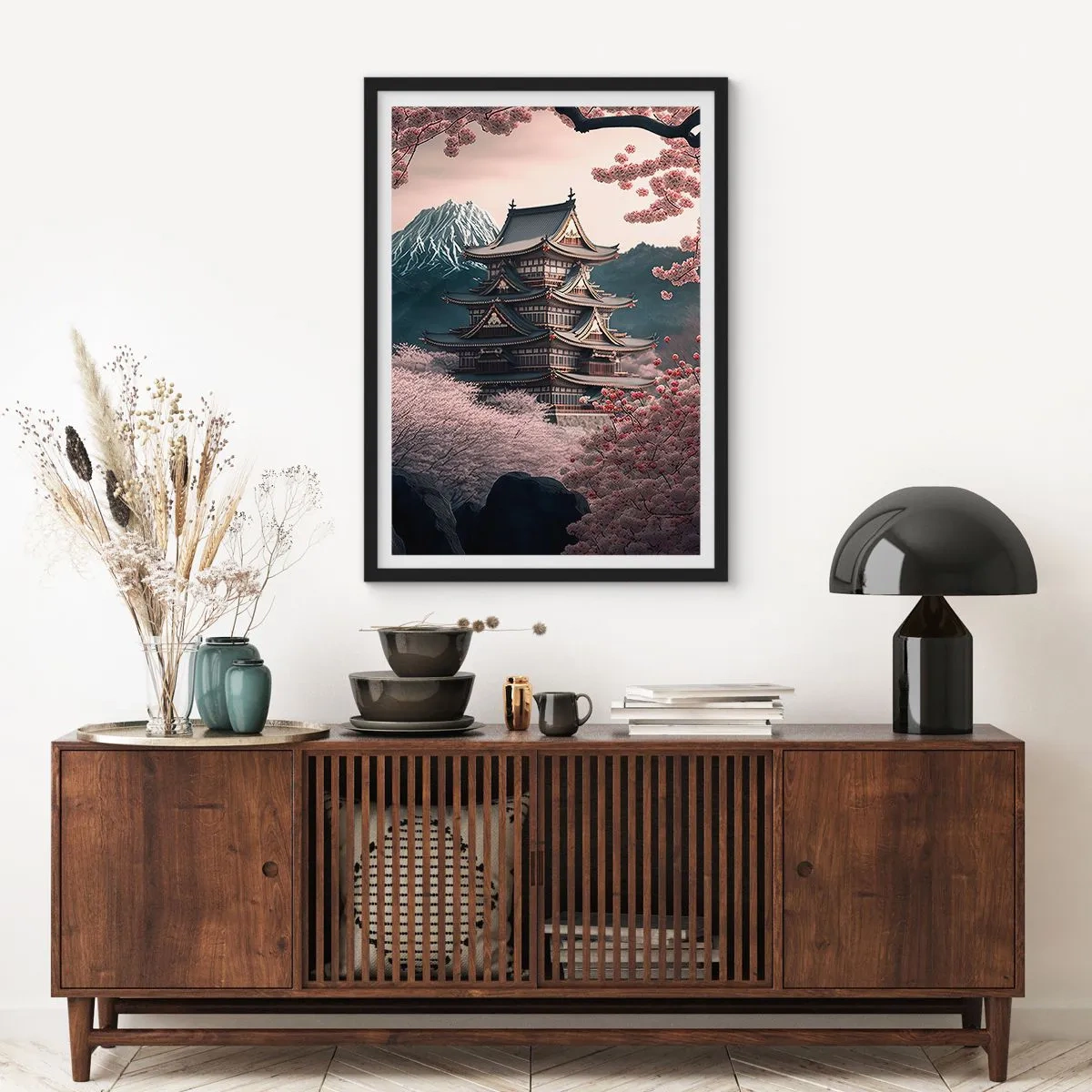 Plakat w czarnej ramie - Japońska pagoda wśród kwitnących wiśni - 50x70cm - Kraj kwitnącej wiśni - Nowoczesna dekoracja ścienna do salonu i sypialni ARTTOR