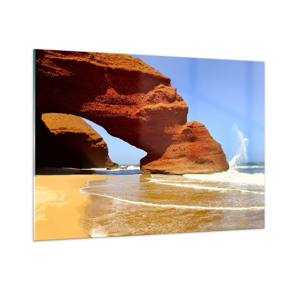 Obraz na szkle - Czerwone skalne łuki nad plażą i oceanem - 100x70cm - Woda i wiatr przez tysiące lat - Nowoczesna dekoracja ścienna do salonu, kuchni i sypialni ARTTOR