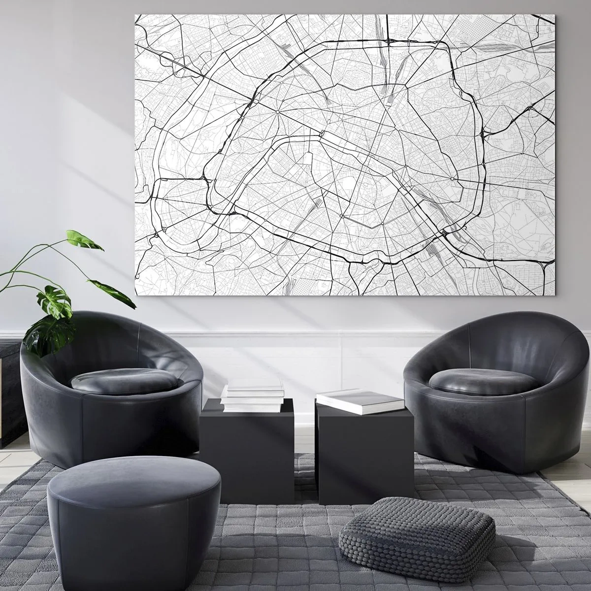 Obraz na szkle - Czarno-biała mapa miasta z siatką ulic i okrężnymi arteriami - 70x50cm - Kwiat Paryża - Nowoczesna dekoracja ścienna do salonu i sypialni ARTTOR