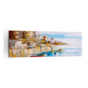 Obraz na płótnie - Kolorowe łodzie przy brzegu z widokiem na miejską panoramę - 160x50cm - Wielobarwna miejska przystań - Nowoczesna dekoracja ścienna do salonu i sypialni ARTTOR