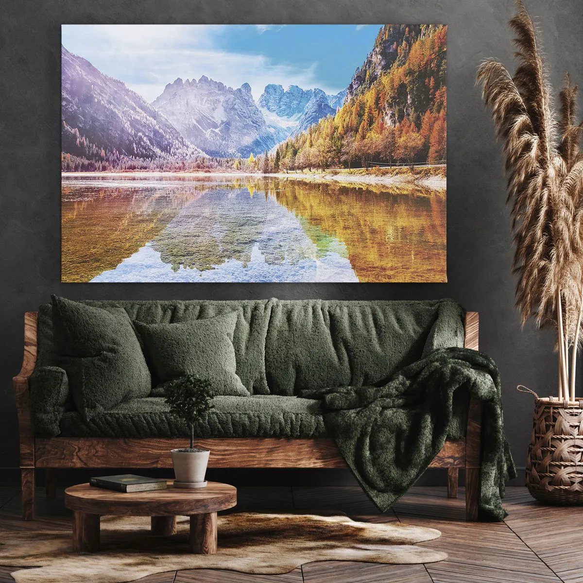 Obraz na płótnie - Jesienny krajobraz górski z jeziorem - 70x50cm - A w górach już jesień - Nowoczesna dekoracja ścienna do salonu i sypialni ARTTOR
