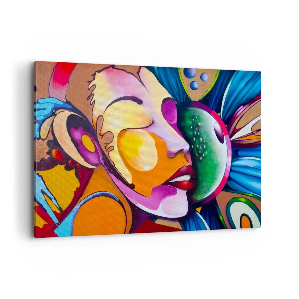Obraz na płótnie - Kolorowa abstrakcja z motywem twarzy w dynamicznej kompozycji - 100x70cm - Dotknąć kolorem - Nowoczesna dekoracja ścienna do salonu, kuchni i sypialni ARTTOR
