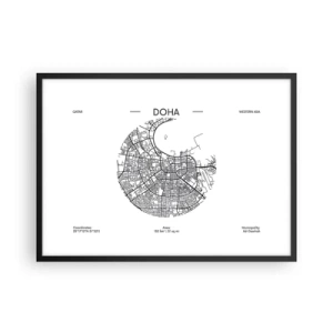 Plakat w czarnej ramie - Minimalistyczna mapa Dohy w czarno-białej kolorystyce z precyzyjnymi detalami - 70x50cm - Anatomia Dohy - Nowoczesna dekoracja ścienna do salonu i sypialni ARTTOR