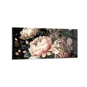 Obraz na szkle - Bukiet różowych kwiatów i motyli na czarnym tle - 120x50cm - W barokowym stylu - Nowoczesna dekoracja ścienna do salonu i sypialni ARTTOR