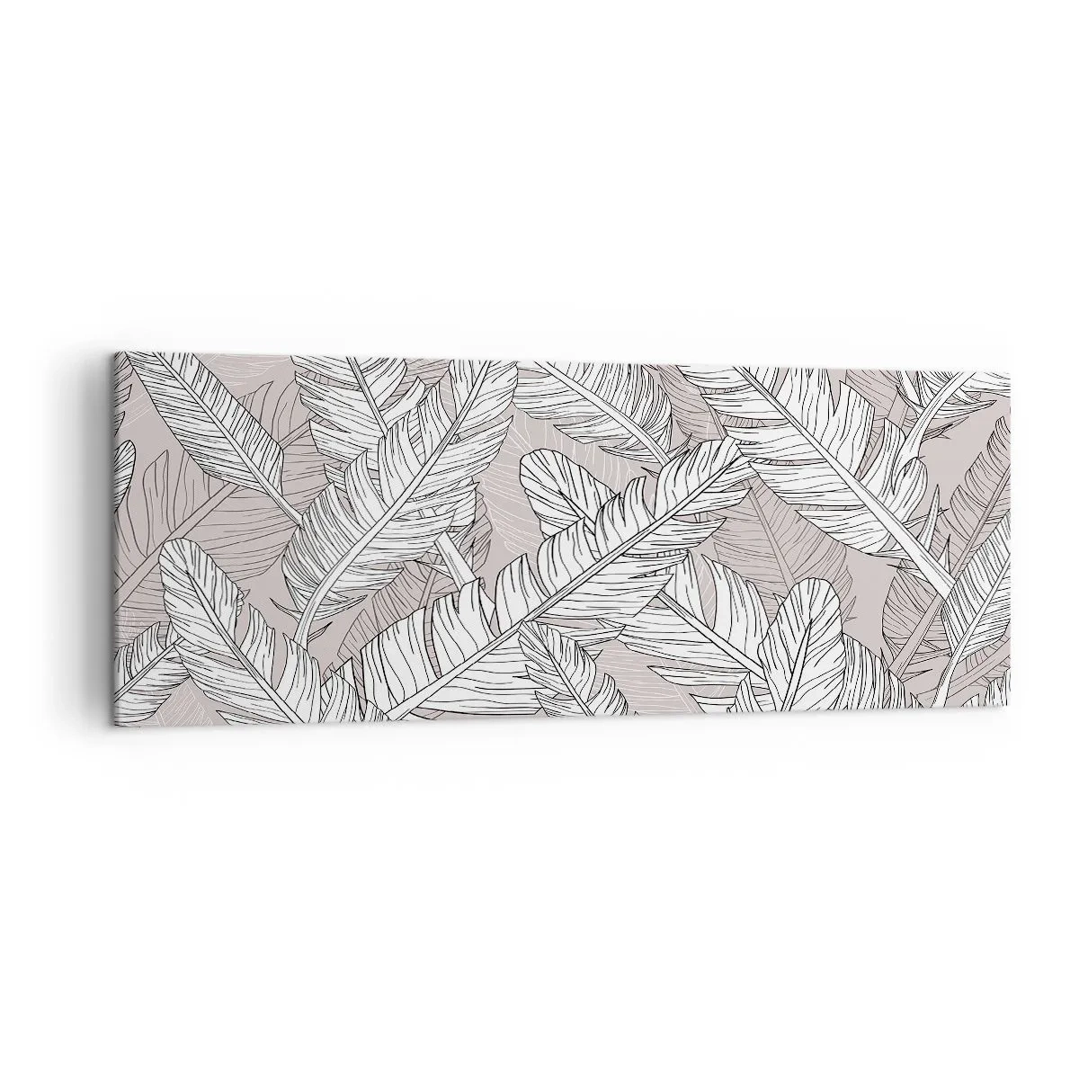 Obraz na płótnie - Czarno-biały wzór z liśćmi bananowca na jasnym tle - 140x50cm - Pierzasta zawierucha - Nowoczesna dekoracja ścienna do salonu i sypialni ARTTOR