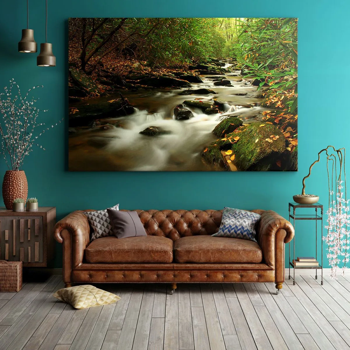 Obraz na płótnie - Leśny strumień płynący pomiędzy kamieniami otoczony zielenią - 120x80cm - Jak płynne srebro - Nowoczesna dekoracja ścienna do salonu, kuchni i sypialni ARTTOR