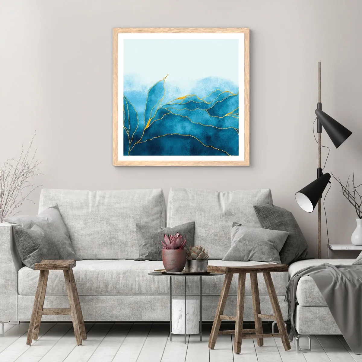 Plakat w ramie jasny dąb - Błękit w złocie - 30x30 cm