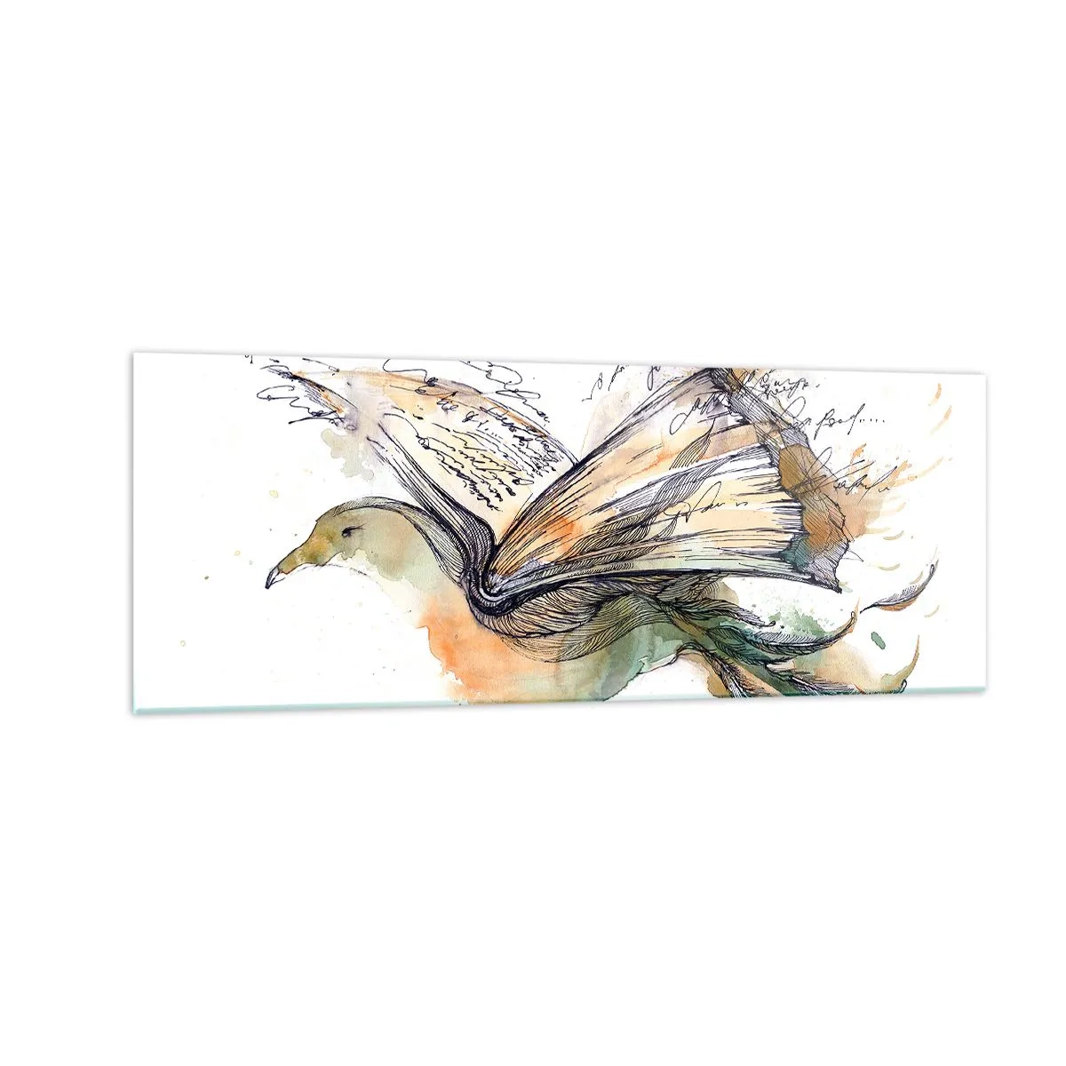 Obraz na szkle - Artystyczna akwarela ptaka z książką jako skrzydłami - 140x50cm - Na skrzydłach poezji - Nowoczesna dekoracja ścienna do salonu i sypialni ARTTOR